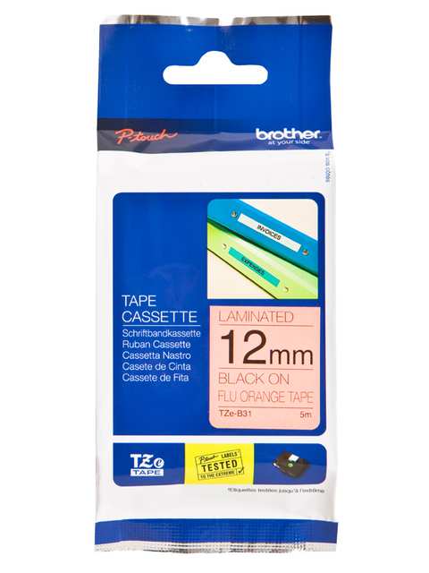 BROTHER TZE TAPE 12MM BLACK ON FLUORO ORANGE
