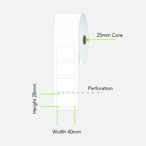 WHITE DIRECT THERMAL PERMANENT ADHESIVE 40MM X 28MM 1 LABEL ACROSS 2000 LABELS PER ROLL 25MM CORE