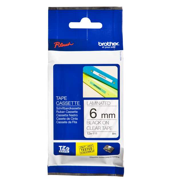 BROTHER TZE TAPE 6MM BLACK ON CLEAR